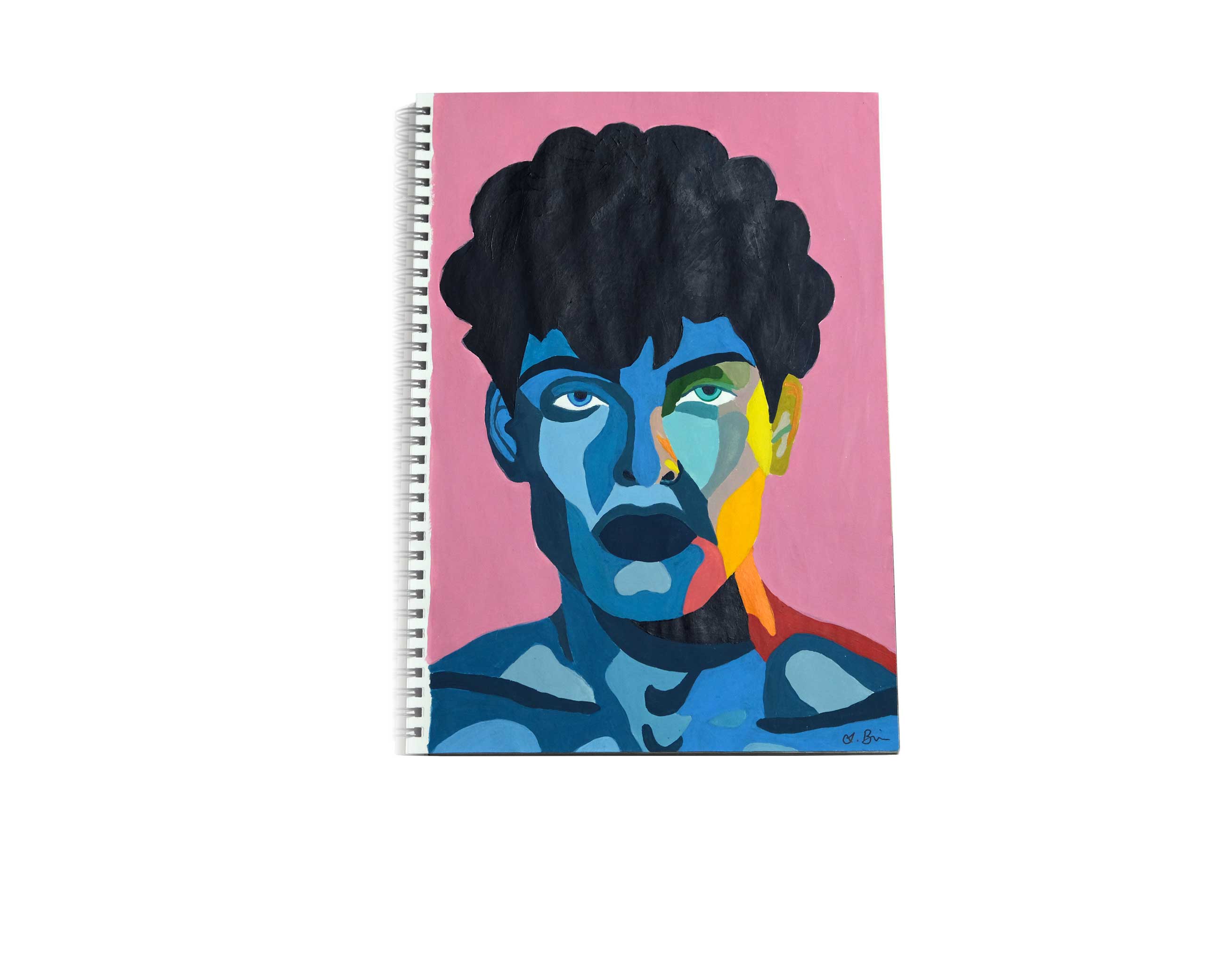 Bunte Acryl Zeichnung im HEMPA Block. Ein männliches Gesicht in Blautönen auf Pinkem Hintergrund.