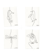 4 Karten mit je einem verschiedenen Tiermotiv. Zu sehen sind: Seepferdchen, Pinguin, Libelle & Affe. Alle Motive sind im Onlinedrawing Stil.